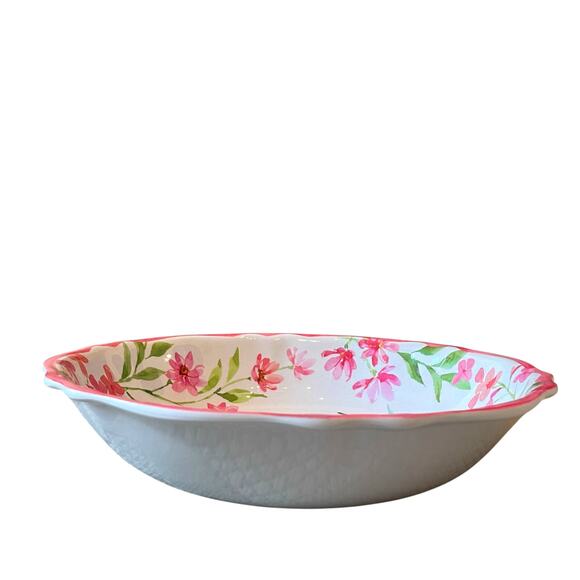Soho Loft Hummingbird Pink Floral Melamine Serving Bowl 14" Round Scalloped New - Picture 2 of 10